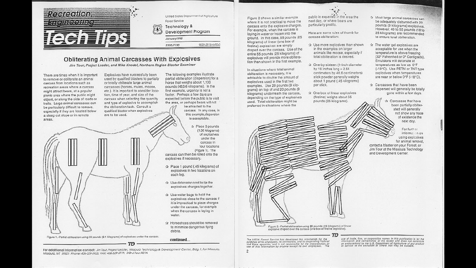 A two-page instruction sheet from the U.S. Forest service about the propert way to blow up a horse carcass.