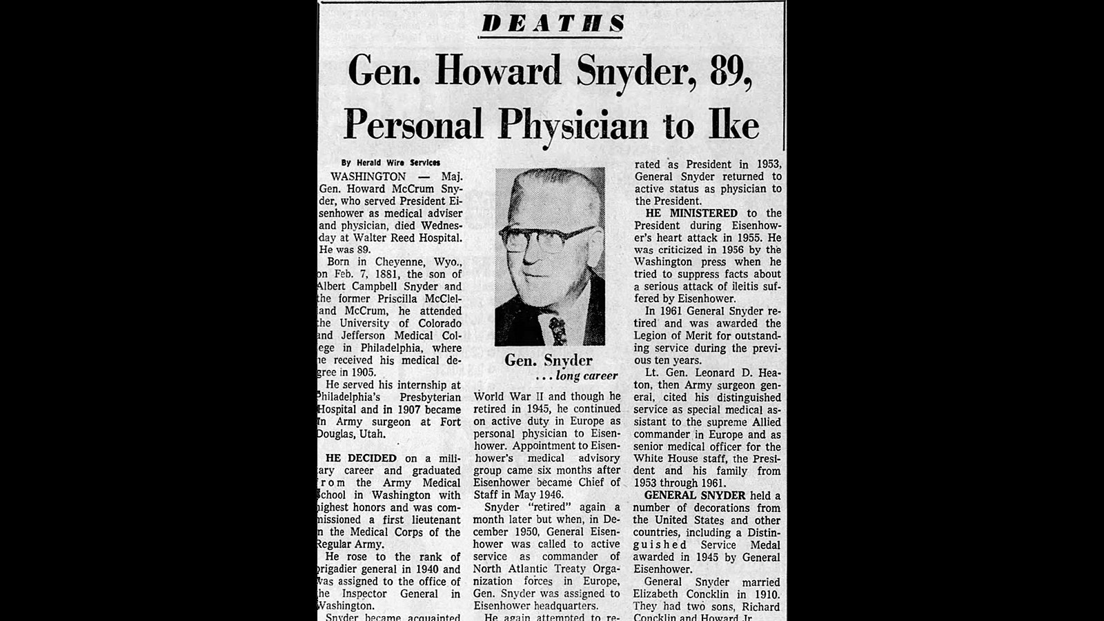 The obituary for Maj. Gen. Howard McC. Snyder appeared in several newspapers, including the Miami Herald on Sept. 24, 1970.