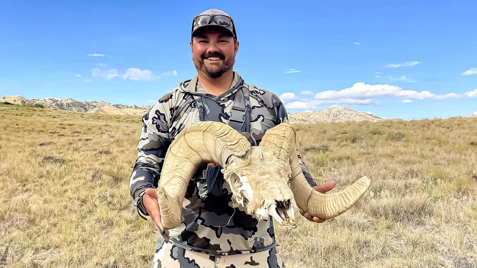 Ethan Overton of Laramie was archery hunting for a bighorn sheep ewe in the Ferris-Seminoe area when he discovered this massive bighorn ram skull.