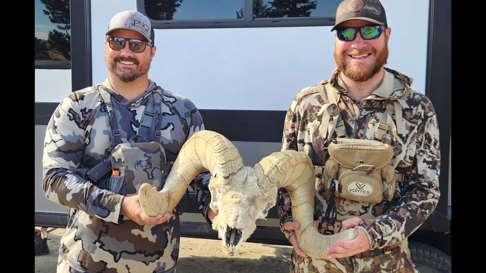 Ethan Overton of Laramie, left, and his friend, Colorado resident Jaron Bartoszek, were thrilled to find this huge bighorn ram skull in the Ferris-Seminoe area in south-central Wyoming.