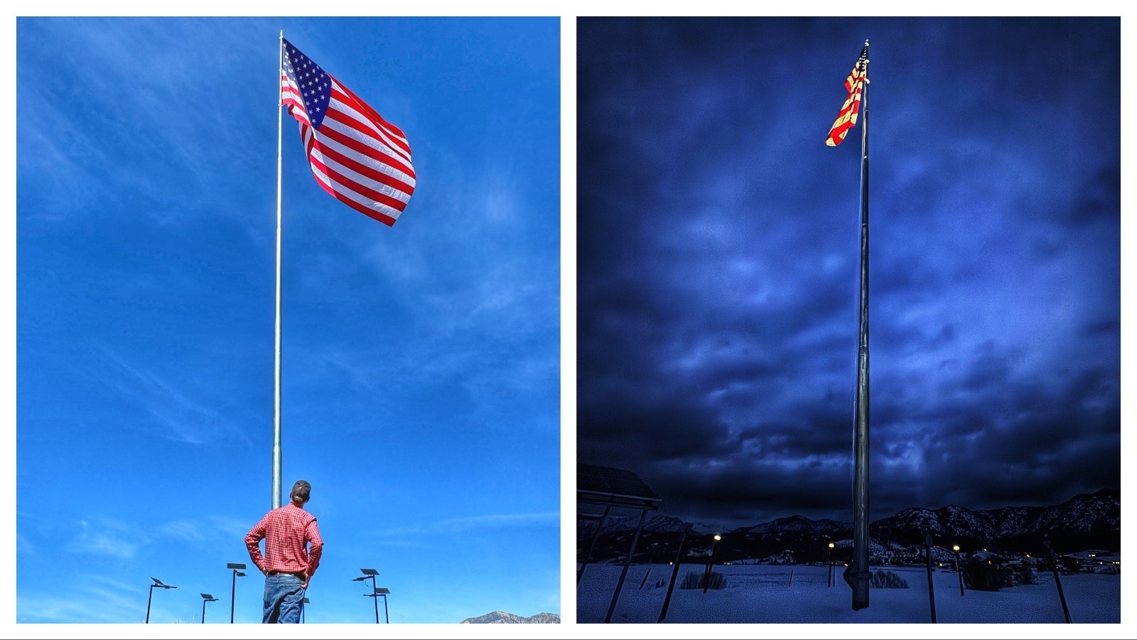 On a prominent hill in Star Valley, a 1,500-square-foot American flag flies from a 130-foot-tall flagpole. When the massive flag needed to be replaced after a storm, ranch owner Darcel Hulse, 78, insisted on doing the work himself, along with help from his family. He also has smaller American flags lining the fence around his property.