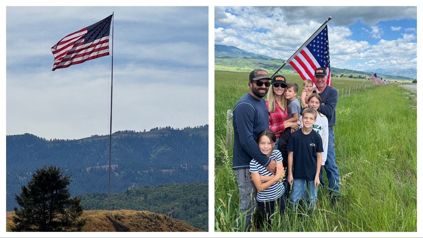 On a prominent hill in Star Valley, a 1,500-square-foot American flag flies from a 130-foot-tall flagpole. When the massive flag needed to be replaced after a storm, ranch owner Darcel Hulse, 78, insisted on doing the work himself, along with help from his family. He also has smaller American flags lining the fence around his property.