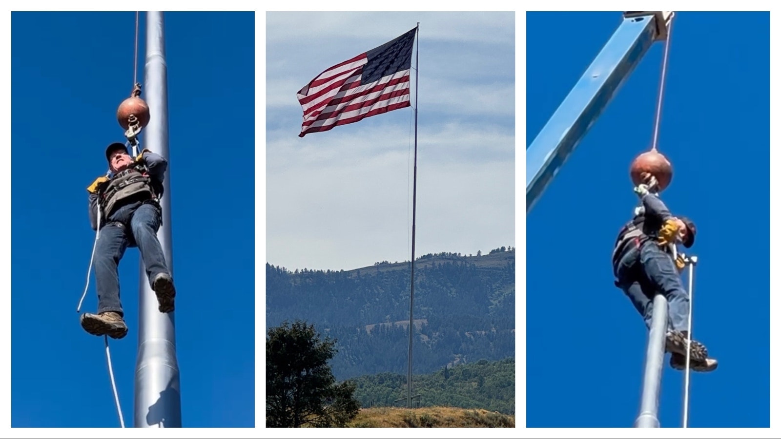 On a prominent hill in Star Valley, a 1,500-square-foot American flag flies from a 130-foot-tall flagpole. When the massive flag needed to be replaced after a storm, ranch owner Darcel Hulse, 78, insisted on doing the work himself.