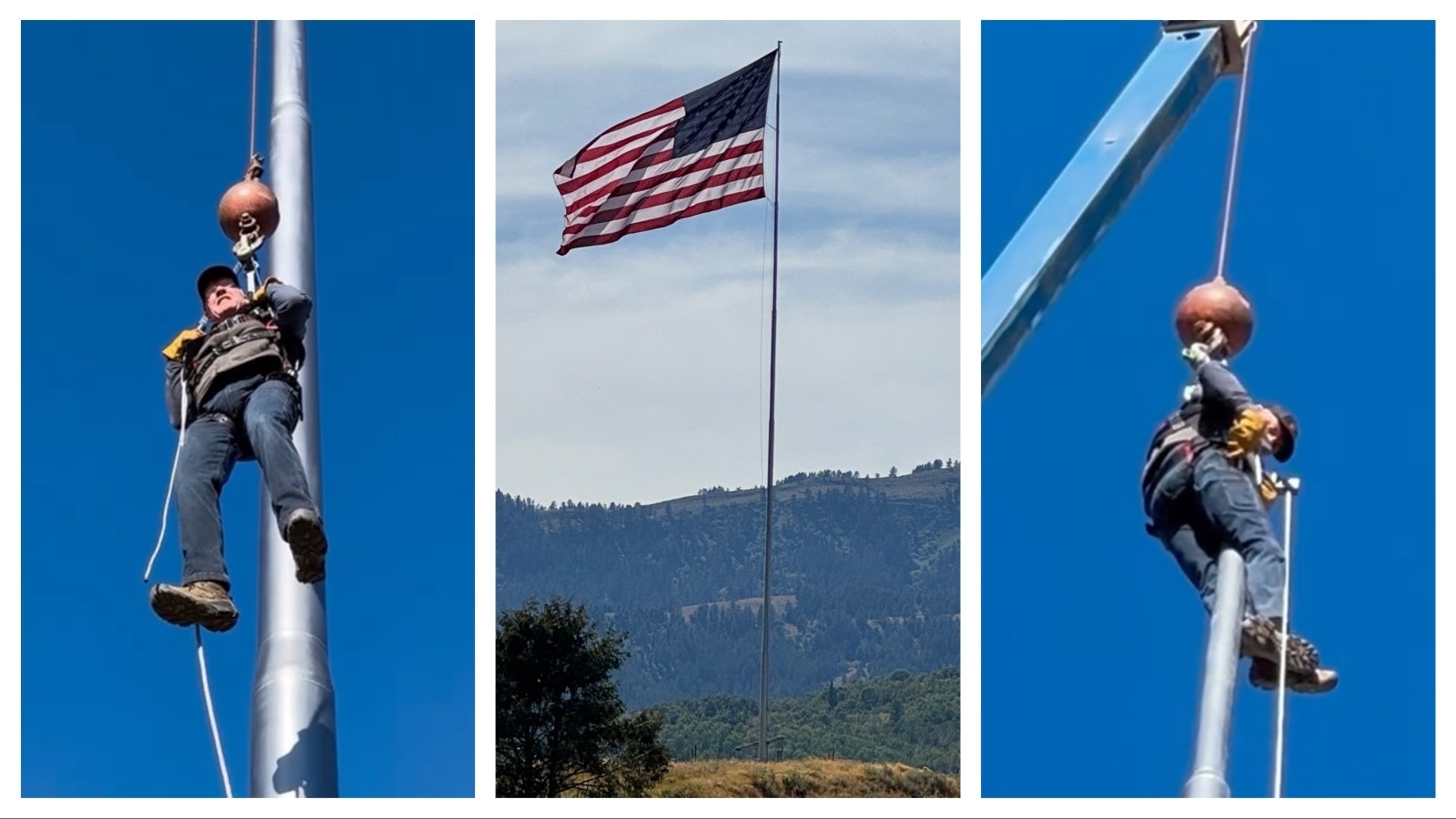 On a prominent hill in Star Valley, a 1,500-square-foot American flag flies from a 130-foot-tall flagpole. When the massive flag needed to be replaced after a storm, ranch owner Darcel Hulse, 78, insisted on doing the work himself.
