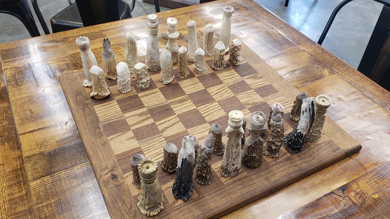 A handmade chess set is among the games available to pay in the Hulett Hardware Store's new coffee shop, Sego Lily.