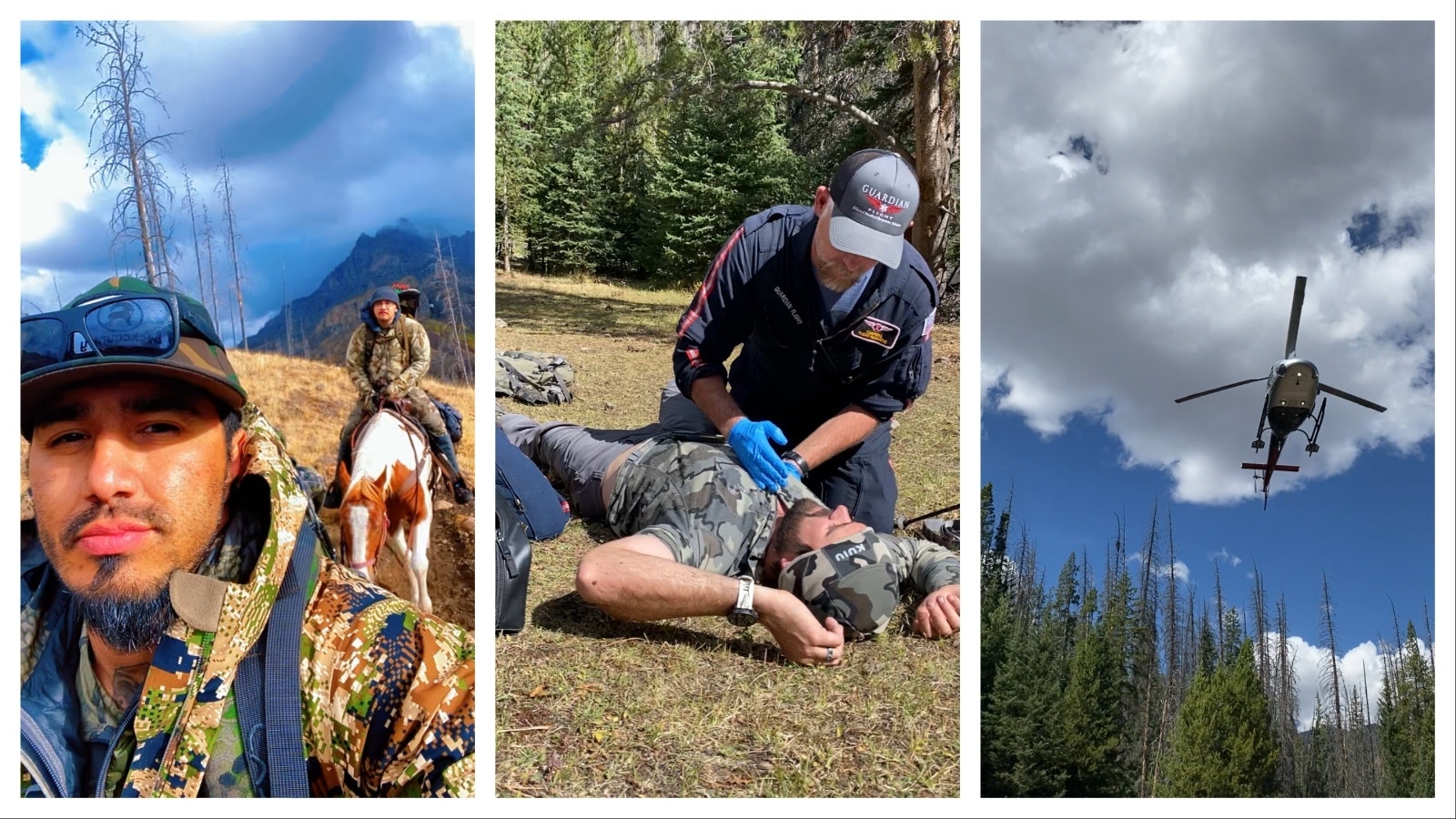 Left: David Mercado of Casper loves going into Wyoming’s most remote wild places to hunt elk. His son, Gary Barkley (rear) frequently goes with him. Middle and right: David Mercado of Casper had to call in a rescue chopper for his friend Neil Richard of Texas, after Richard was bucked from his horse and suffered a broken femur while hunting elk in remote backcountry near Dubois.