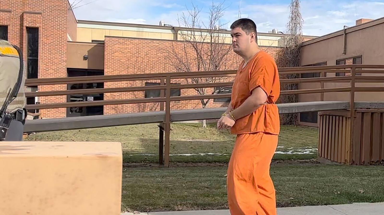 Hunter DeVries walks down the steps of the Fremont County District Court moments after pleading guilty Tuesday, Nov. 12, 2024, to molesting a child at least four times this past year.