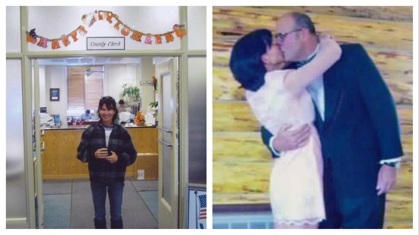 Victoria Roberts traveled from an elk hunting camp near Savery in 2004 to obtain a marriage license so that she and Engle Saez could get married back at the hunting camp. Right, they kiss after an impromptu wedding ceremony at the Savery Creek Outfitters camp in Savery, Wyoming, on Oct. 19, 2004. Only minutes later, they were off on an elk hunt.