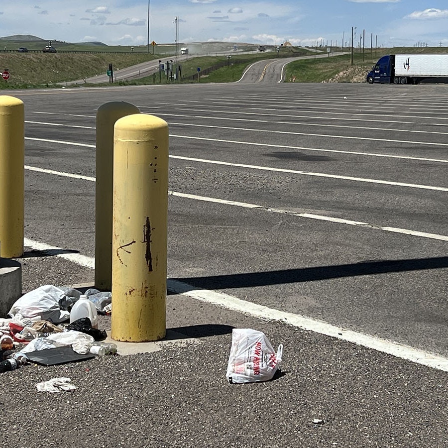 Although there's a large, empty dumpster at the west end of this rest stop along westbound Interstate 80 at exit 345, trash still piles up in the lot.