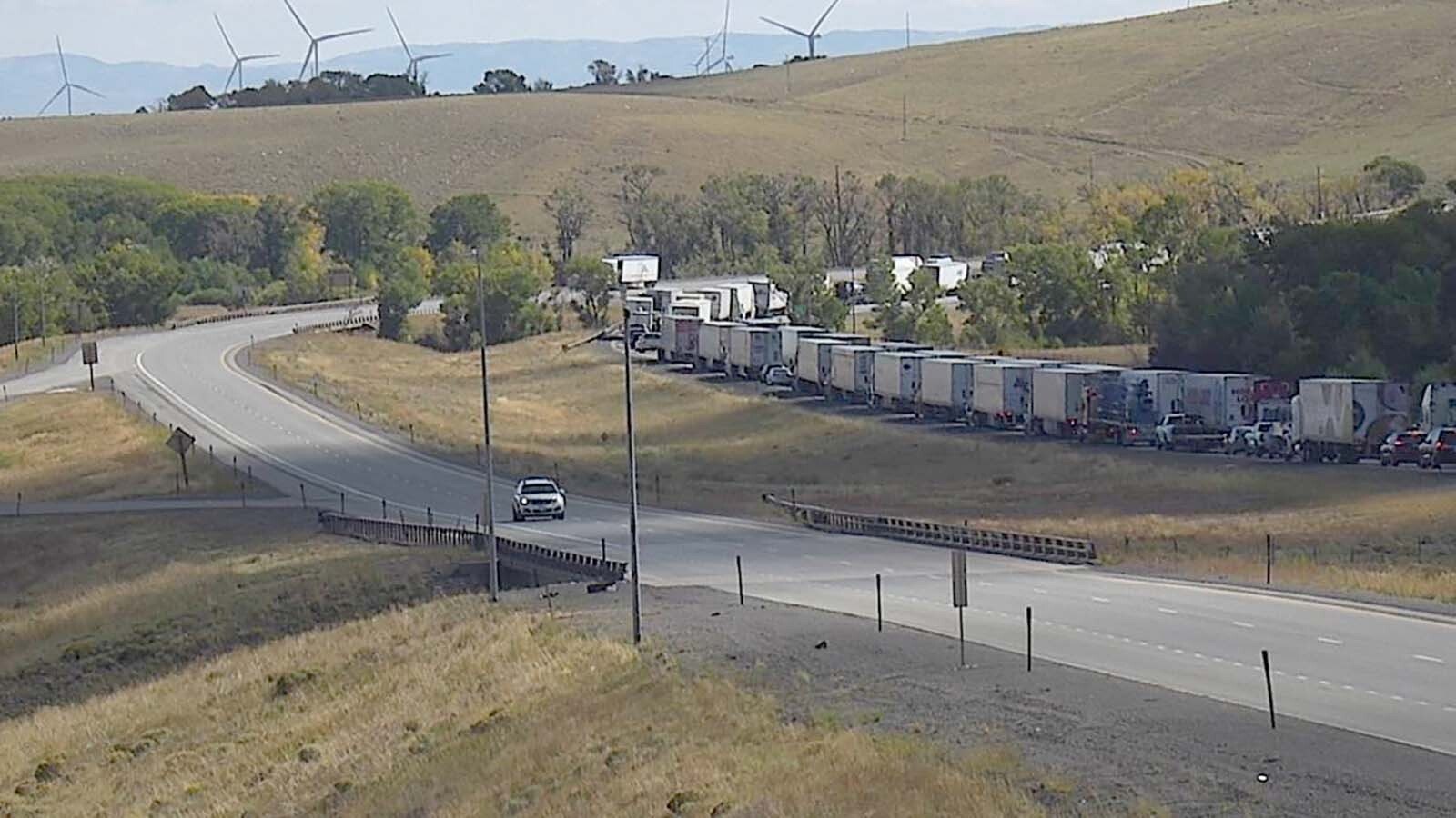 Traffic is backed up for miles along eastbound Interstate 80 on Thursday, Sept. 18, 2025, after a fatal crash involving at least two semitralers.