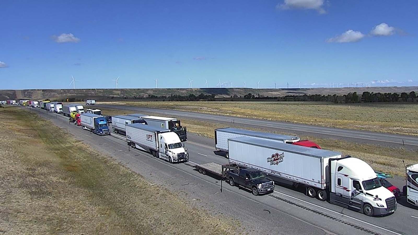 Traffic is backed up for miles along eastbound Interstate 80 on Thursday, Sept. 18, 2025, after a fatal crash involving at least two semitralers.