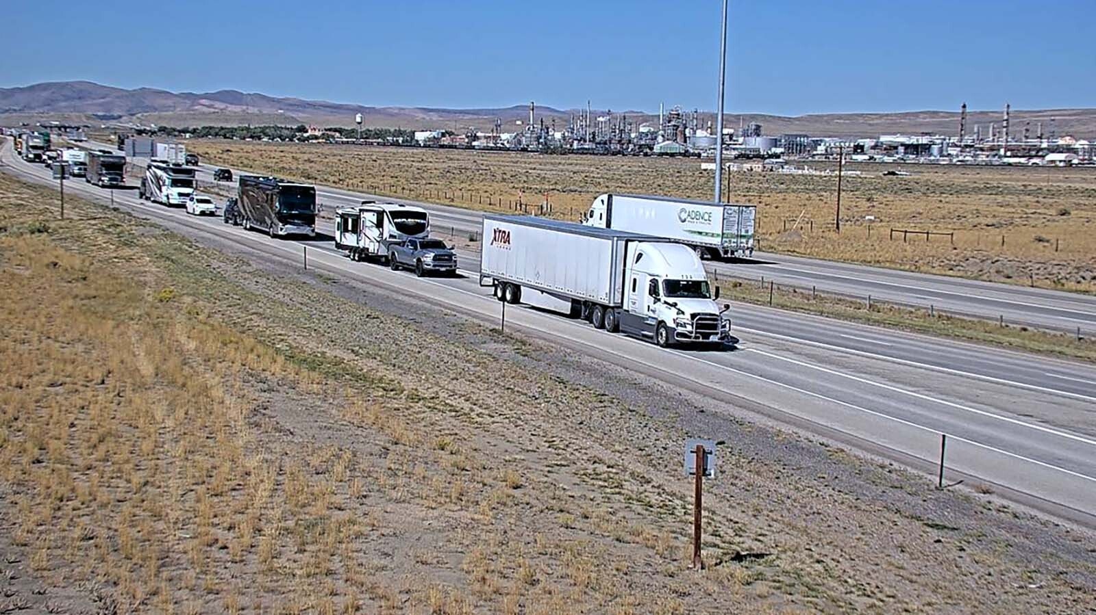 Traffic is backed up for miles along eastbound Interstate 80 on Thursday, Sept. 18, 2025, after a fatal crash involving at least two semitralers.