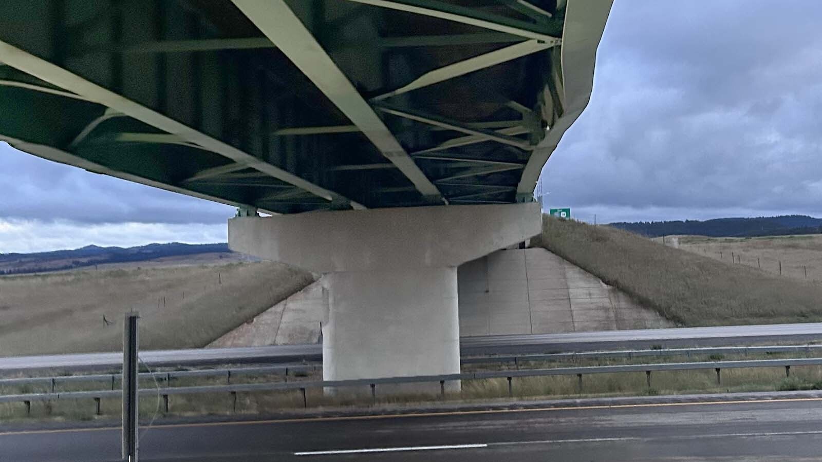 Damage to the structure of the Interstate 90 overpass at Beulah, Wyoming.
