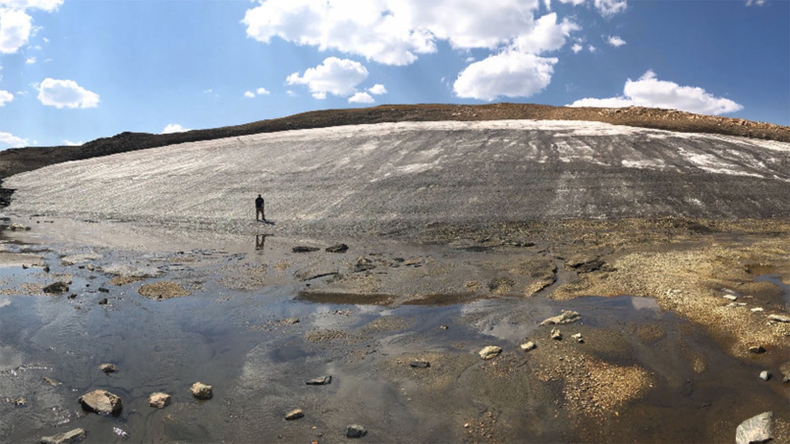 Panoramic view of the forefield of the ice patch showing the exposed ice surface from extensive melt during the 2024 ablation season.