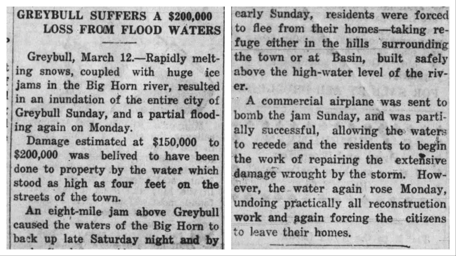 The Associated Press picked up the story about the 1929 flood and the flood that caused Greybull residents to flee.