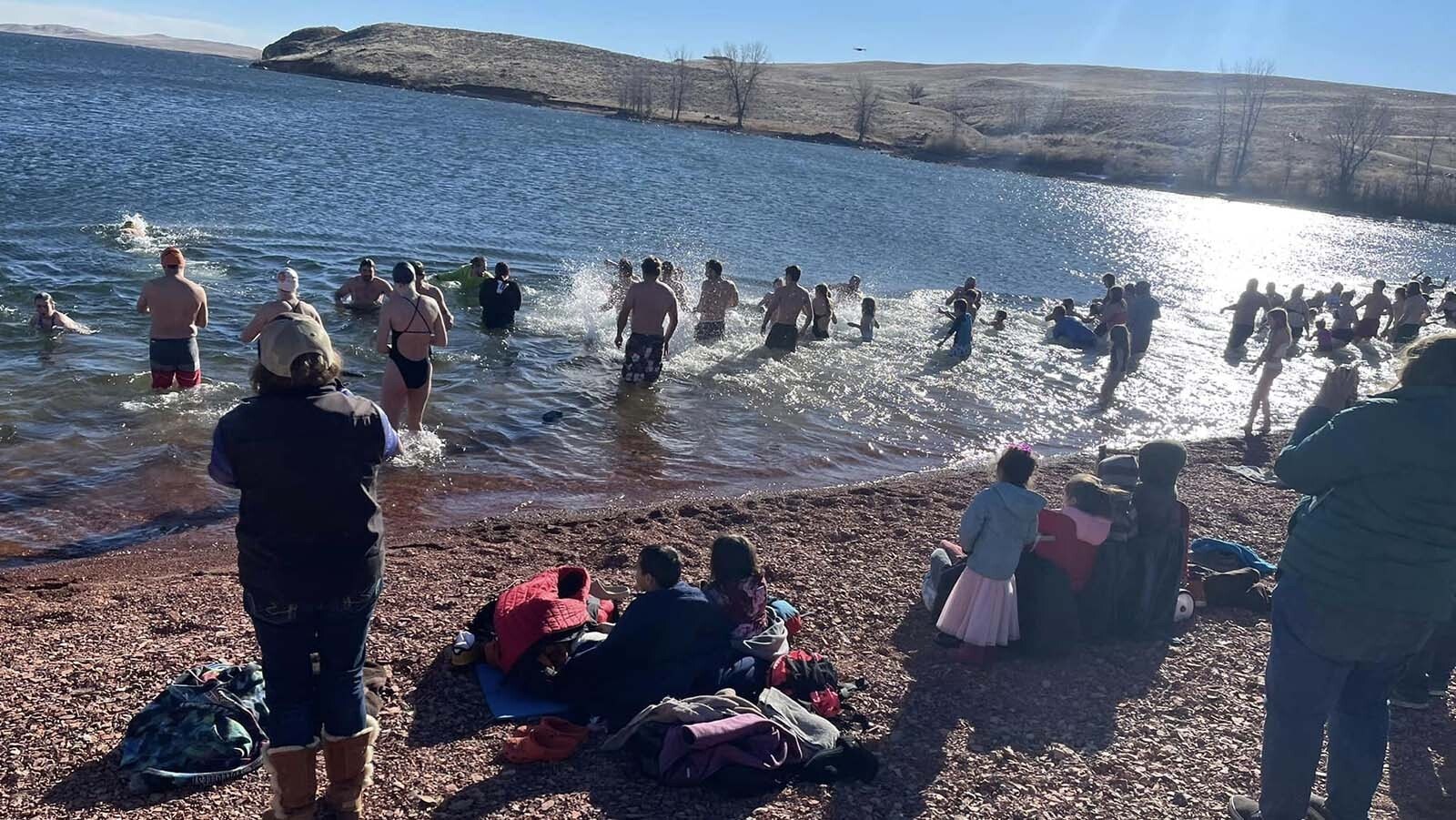 When Lake De Smet hasn't frozen over by New Year's Day, like this year, everyone runs into Lake De Smet at once for the annual polar plunge.