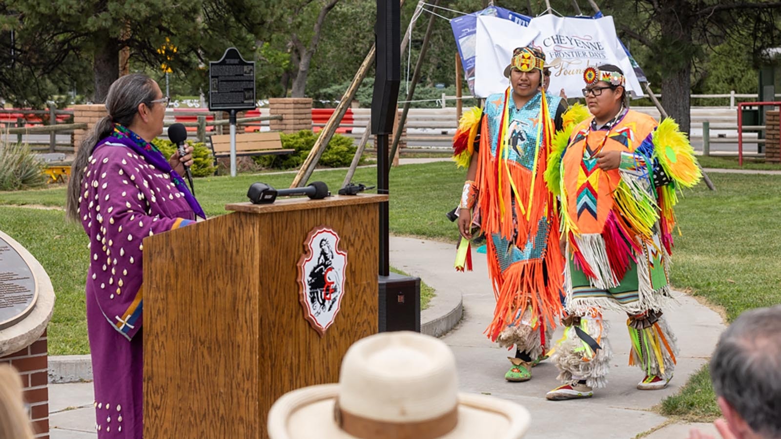 Sandra Iron Cloud speaks at the Cheyenne Frontier Days American Indian Village Project unveiling ceremony at Frontier Park in Cheyenne on July 19, 2024.