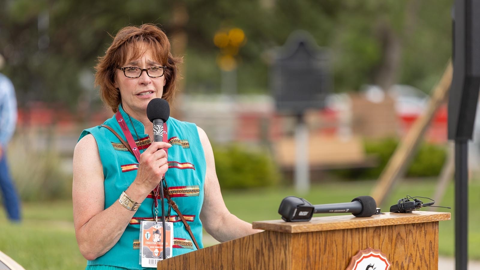 Renée Middleton, executive director for the Cheyenne Frontier Days Foundation, speaks at the Cheyenne Frontier Days American Indian Village Project Unveiling Ceremony at Frontier Park on July 19, 2024.