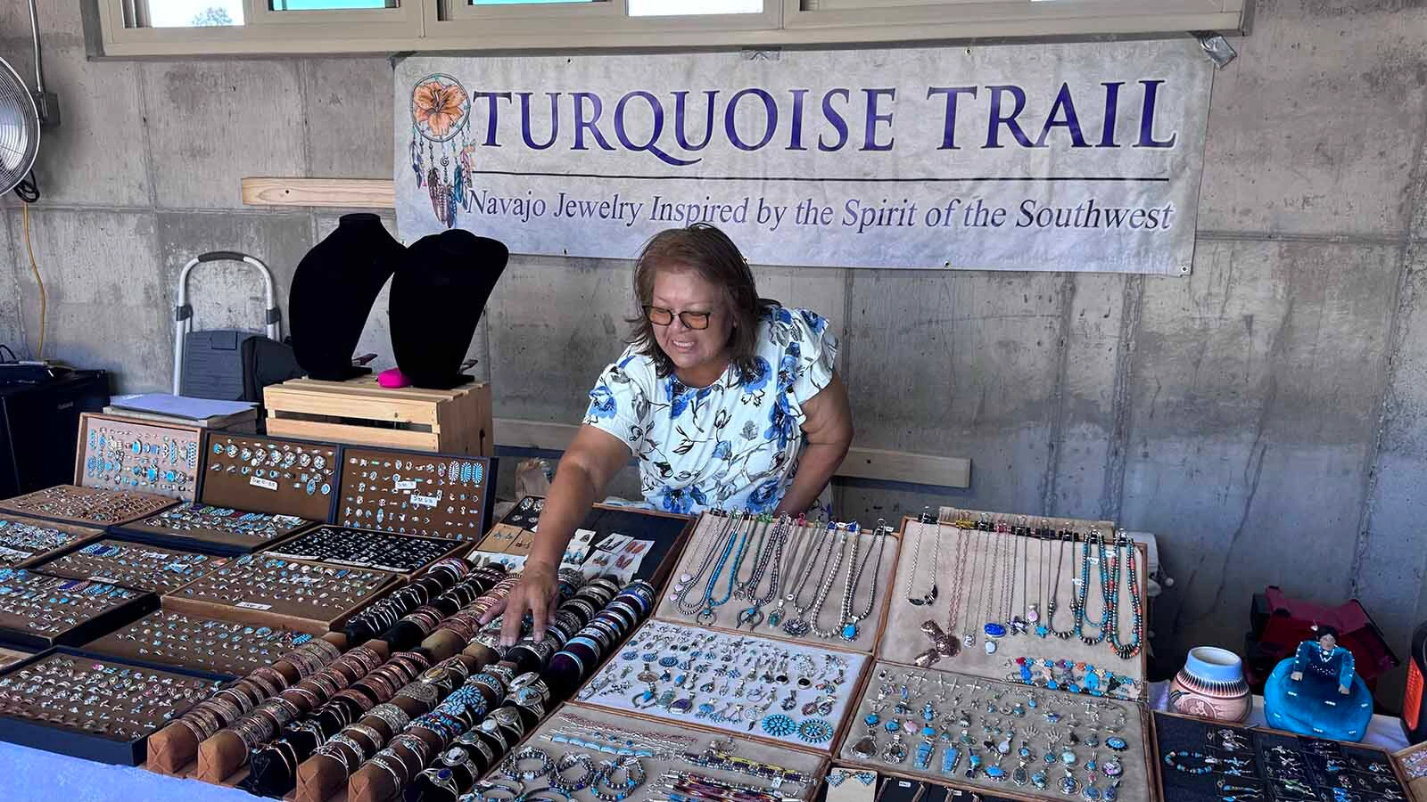 Velma Wilson has operated her turquoise jewelry booth at the Indian Village for 26 years.