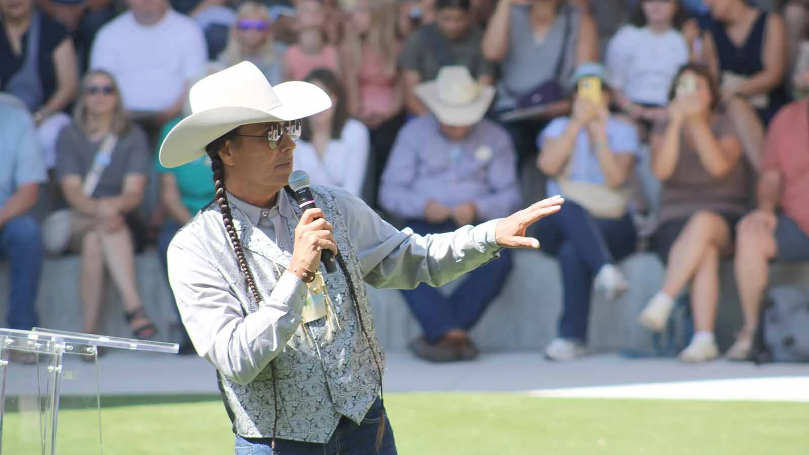 Mo Brings Plenty addresses the crowd at Morning Star American Indian Village on Friday, July 17, 2026.