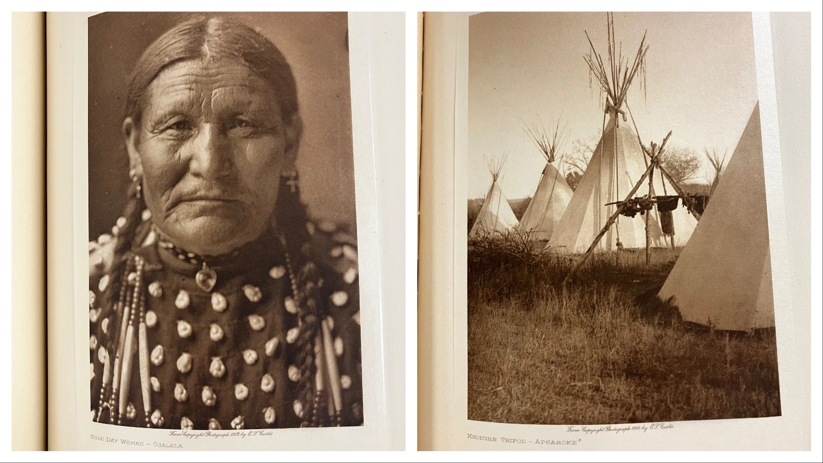Left, an Oglala woman photographed by Edward Curtis. Right, he also captured the ways of life of Indian tribes.