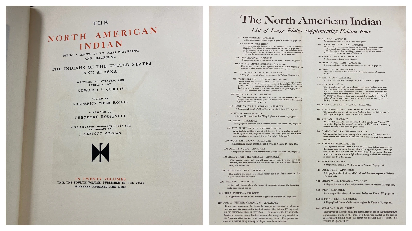Right, A content sheet that accompanies photos with each volume of "The North American Indian" in the archives at the American Heritage Center at the University of Wyoming.