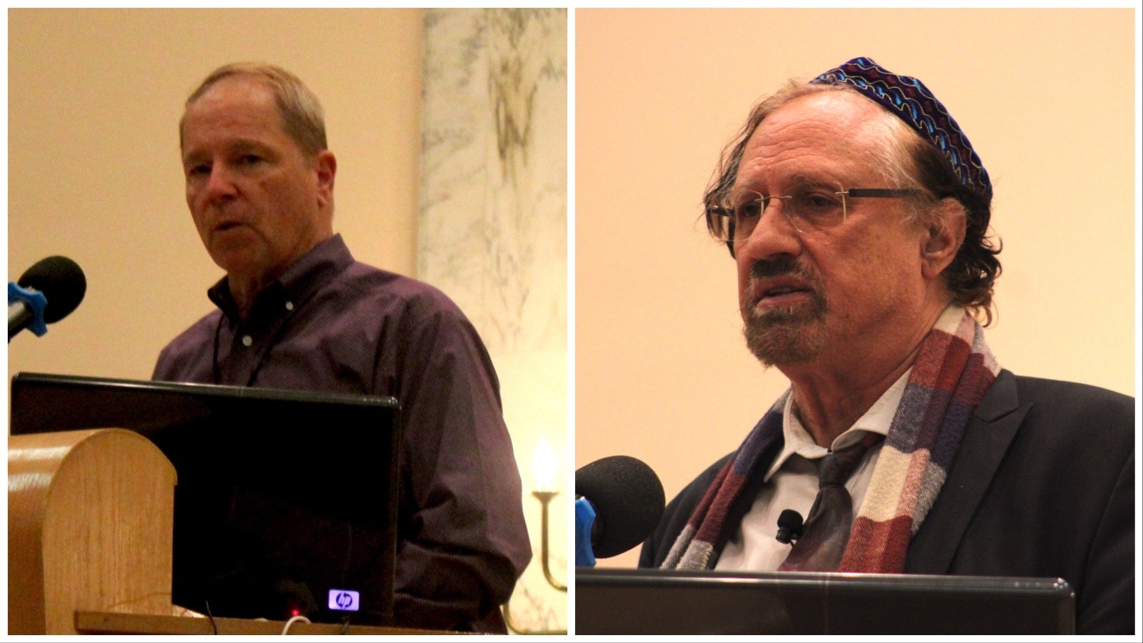 At left, J.R. Atkins, preacher at Grace United Methodist Church and United Methodist Church of Pine Bluffs and Rabbi Moshe Halfon of the Mt. Sinai Synagogue speak at Monday's event.