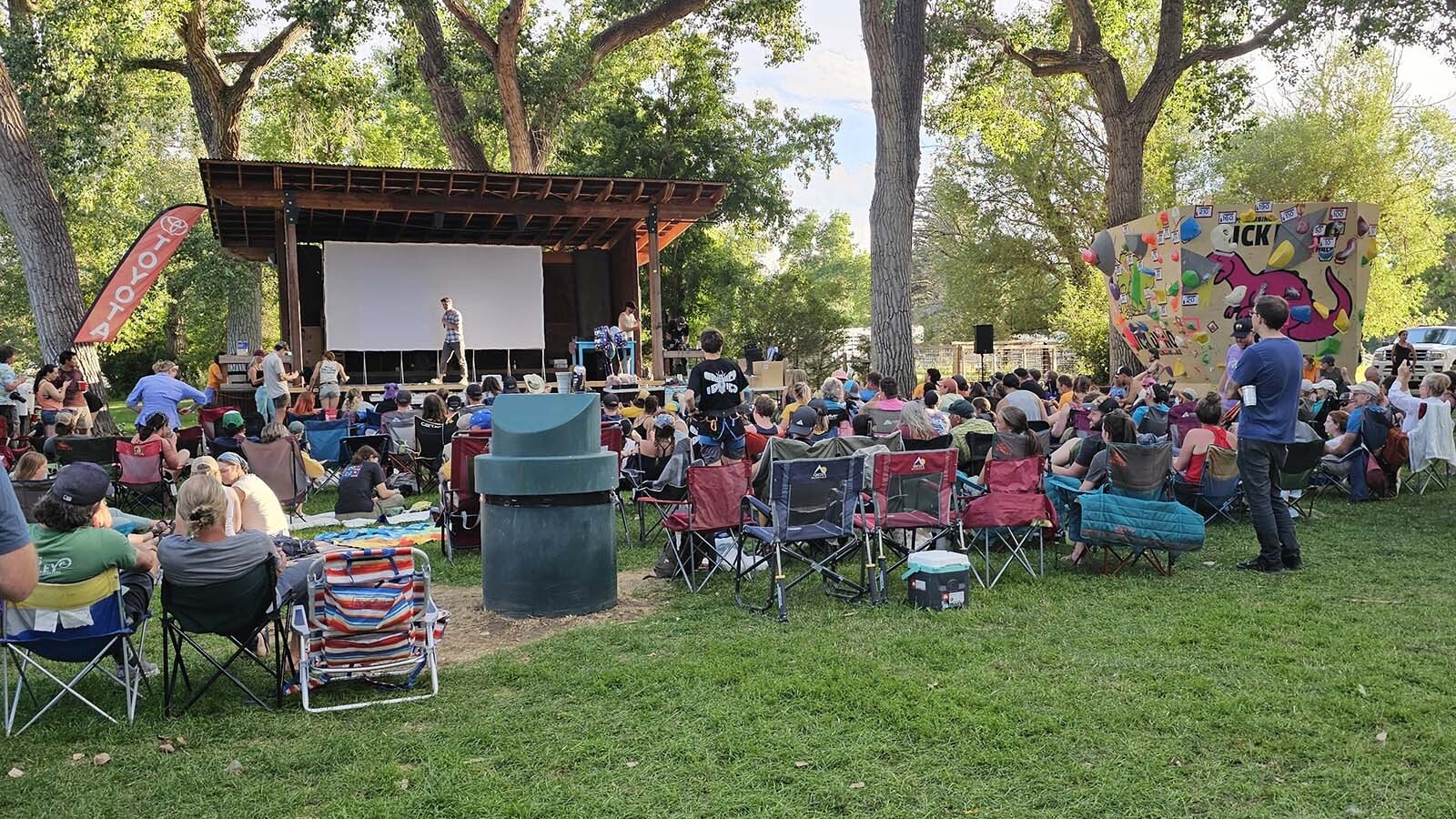 A crowd gathers to hear a celebrity rock climber speak during the International Climbers' Festival in Lander.