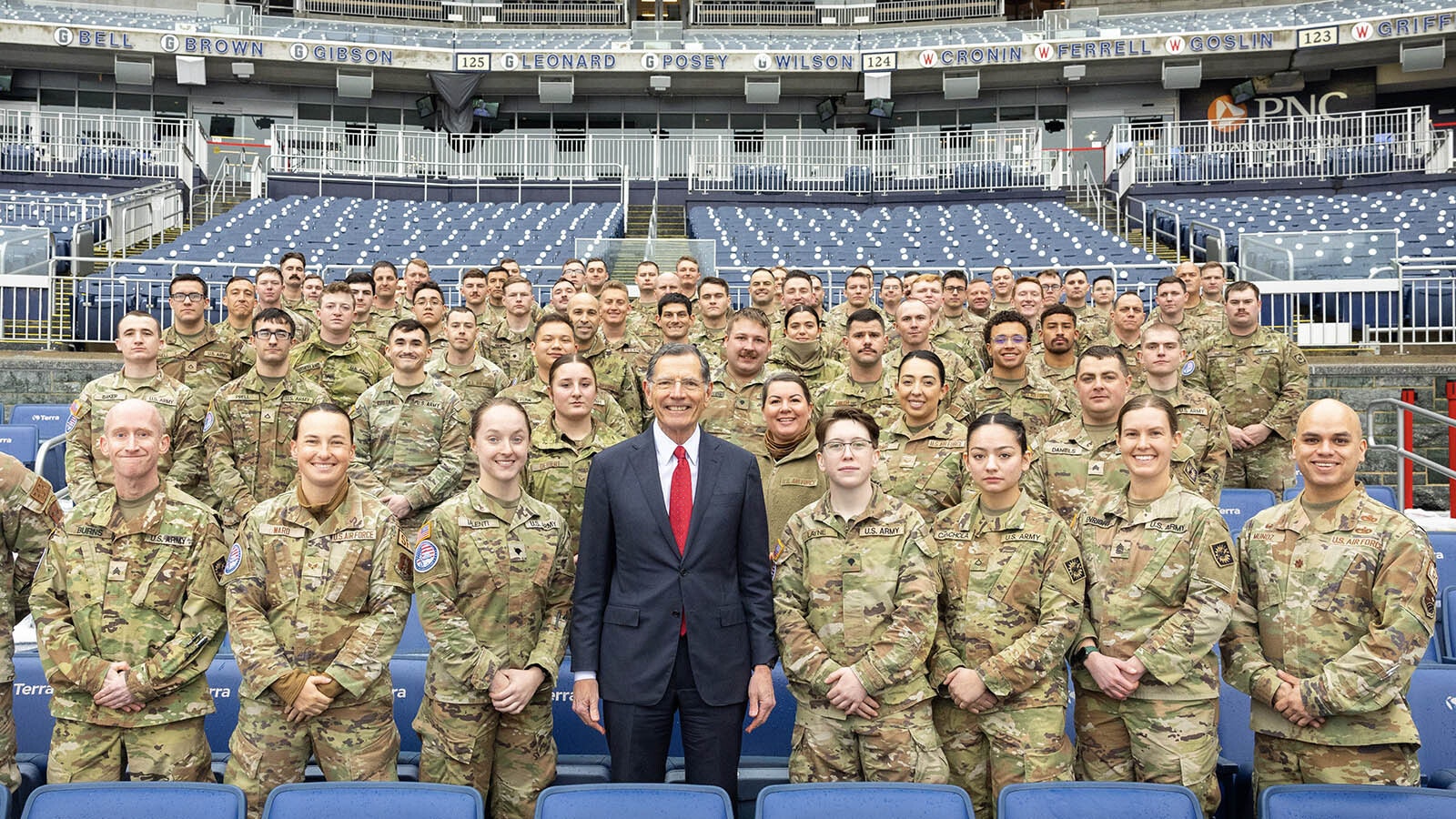 U.S. Sen. John Barrasso, R-Wyoming, poses with members of the Wyoming National Guard, at Audi Field in Washington, D.C., on Sunday. The Guard members helped with security measures for Donald Trump's inauguration.