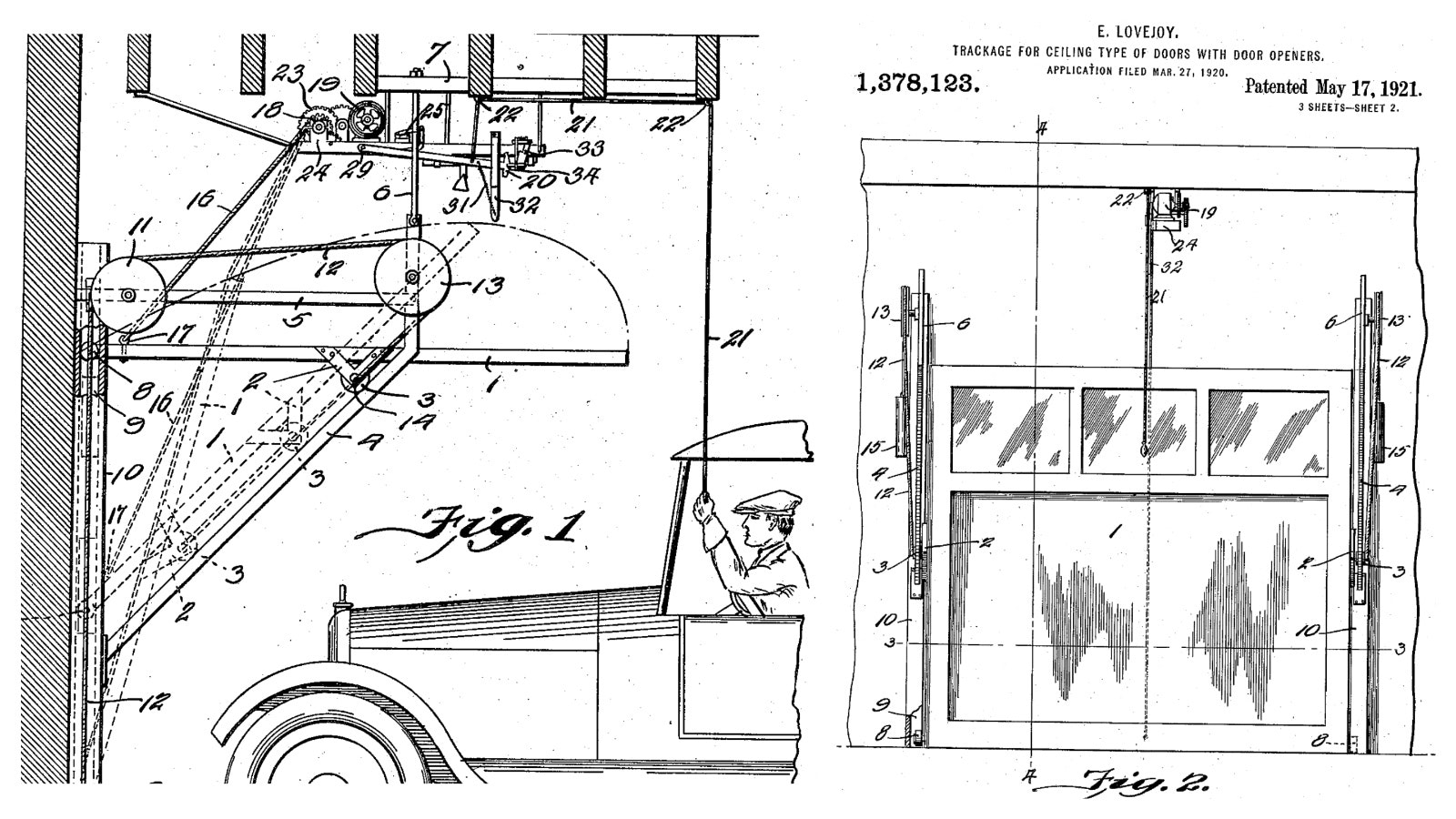 A drawing of a man pulling into his garage and the door opening device accompanies Elmer Lovejoy’s patent application.