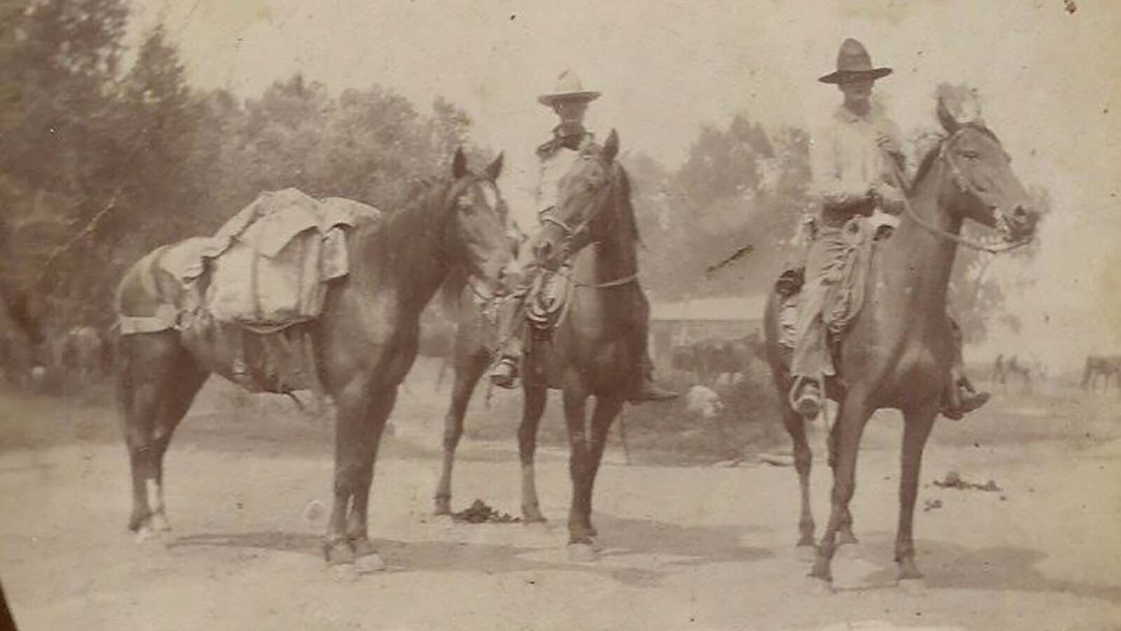 The outlaws were unnamed that robbed Irish Tom Walsh of the Embar Ranch payroll one fine afternoon. Walsh was riding back from Thermopolis when he was held up and the entire payroll taken. It wasn’t until later than he learned that it had all been a prank. Pictured are two young Embar (M-Bar) cowboys, William Price and Dick Teas.