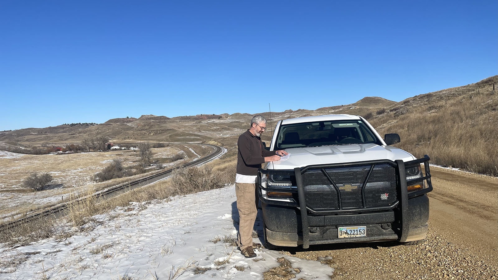 Kevin Knapp developing the Iron Riders Trail GPS Tour along Ulm Road in Sheridan County, Wyoming.