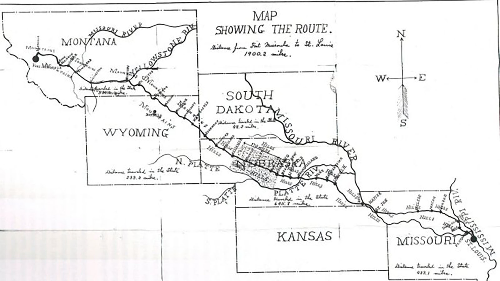 National Archives map Lt. Moss submitted as part of his report on the 1897 ride from Fort Missoula, Montana to St. Louis, Missouri.