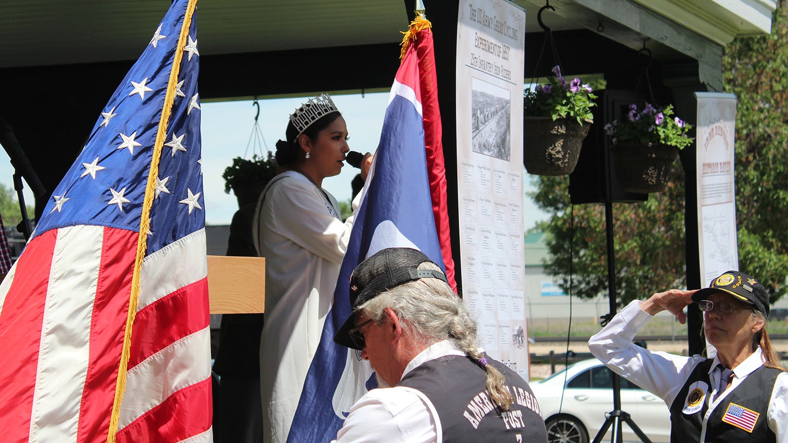 Sgt. Beck Bridger Dahmke, Miss Wyoming, sings the National Anthem at the Unveiling of the Iron Riders Trail in Sheridan, Wyoming.