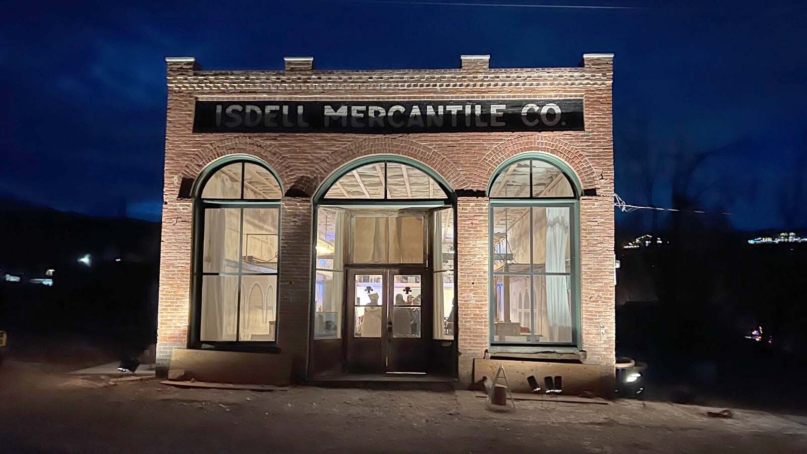 Spotlights lit up the front of the Isdell Mercantile in Pony, Montana, for a recent event at the newly renovated event space.