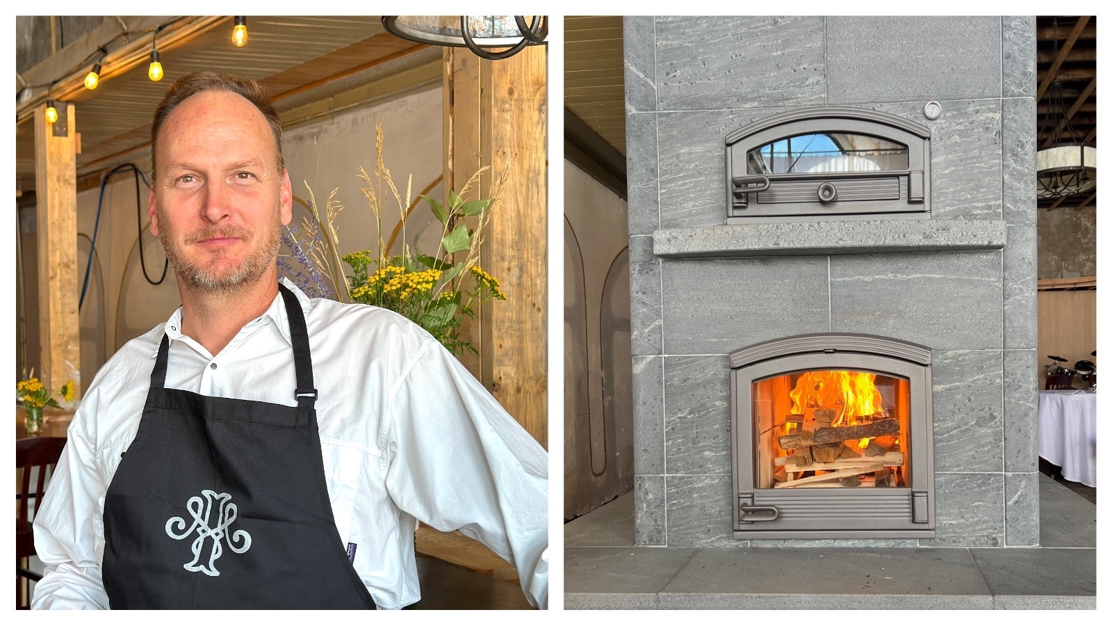 Left, Dan DeFrance, a computer scientist and co-conspirator in the recent push to revitalize Pony’s historic buildings. Right, It takes a full day of stoking fires in the Merc’s wood stove to heat up the place. It also doubles as a pizza oven.