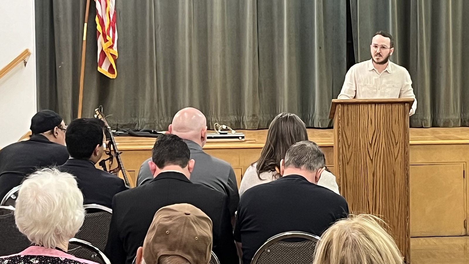 Matani Ravenna speaks during a vigil to mark the first anniversary of the Israel-Hamas war at Mt. Sinai Synagogue on Monday night, Oct. 7, 2024.