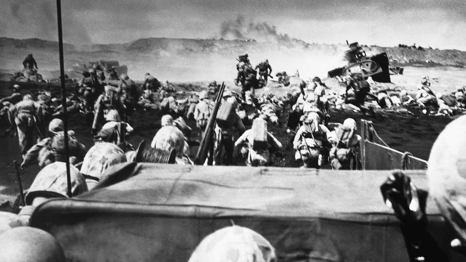 Members of the Marine's 4th Division begin an attack on an Iwo Jima beach.