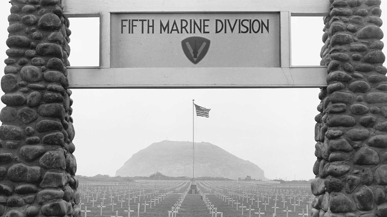 The 5th Marine division cemetery on Iwo Jima, Volcano Islands, site of a battle between allied forces and the Japanese during World War II, circa 1945.