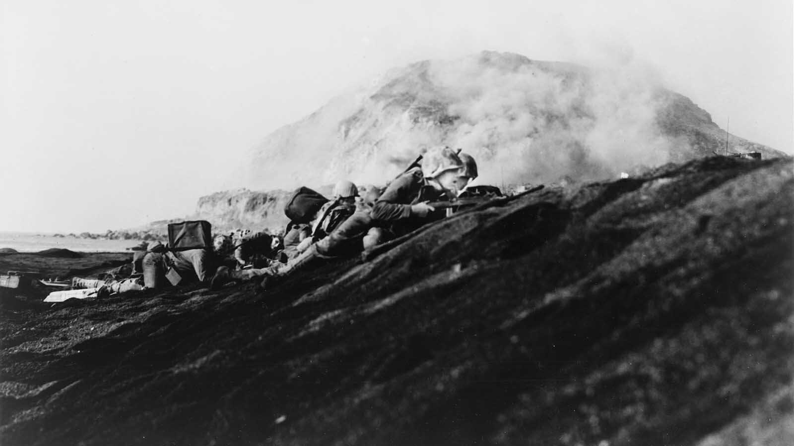 The 2nd Battalion, 27th Marines land on Iwo Jima and battle the Japanese at Mount Suribachi.