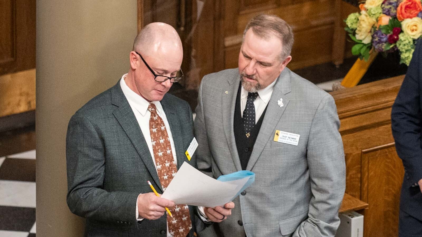 House Speaker Chip Neiman, right, and Rep. J.D. Williams come from different wings of the Wyoming’s Republican Party, but a county advocacy group honored them this week as legislators of the year for 2025.