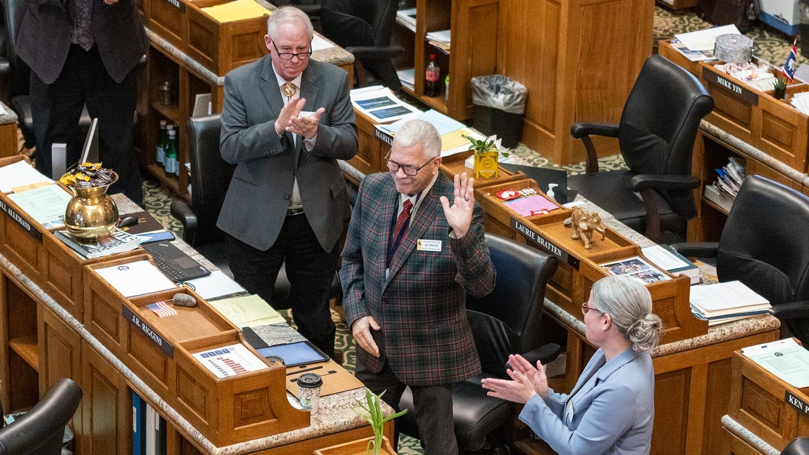 State Rep. J.R. Riggins was back on the Wyoming House floor Thursday after missing almost all of the 2025 session with open heart surgery. He was given an ovation by the House, and called the attention “embarrassing.”