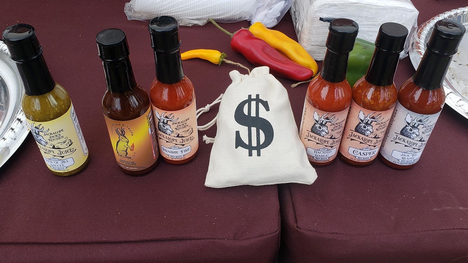 A few of Peter Inells' Jackalope Juice sauces on display at the Chugwater Chili Cookoff.