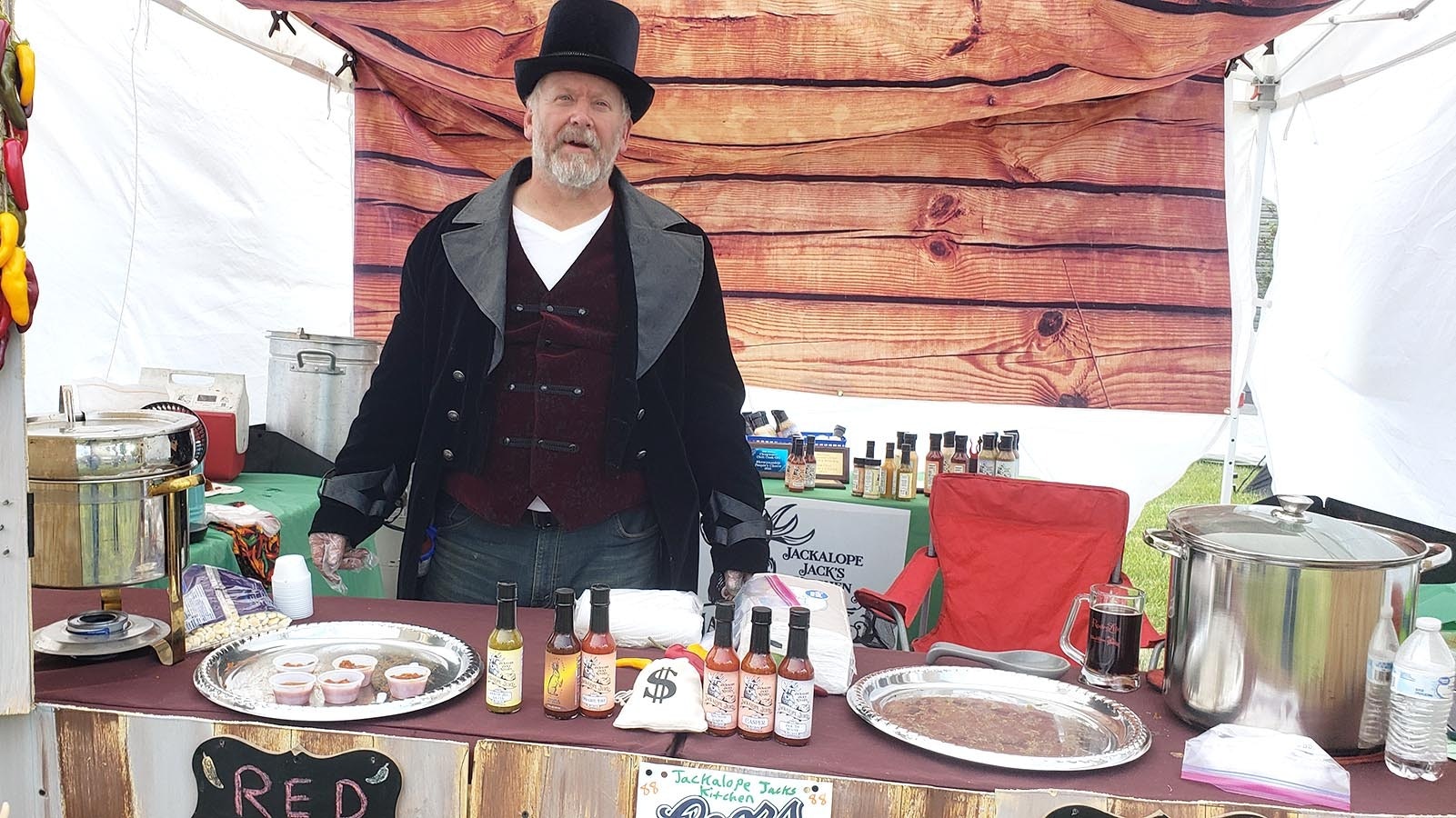 Peter Inells of Cheyenne is Jackalope Jack at the Chugwater Chili Cookoff. He brought his signature Jackalope Juice hot sauces to the event.