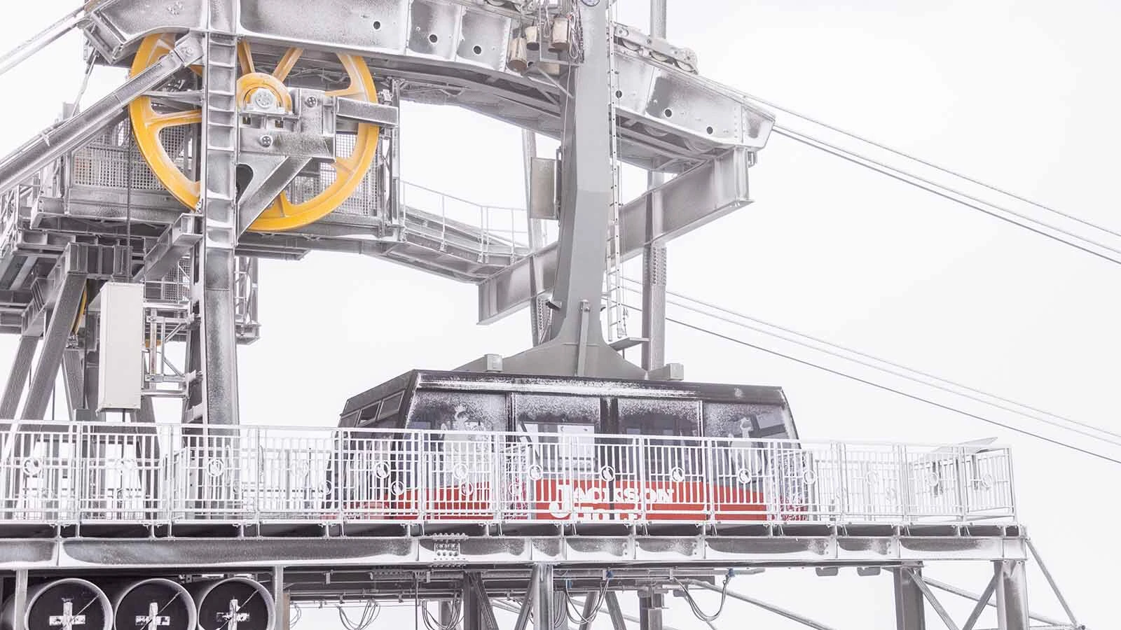 The tram at Jackson Hole Mountain Resort is caked with snow after a recent early storm.