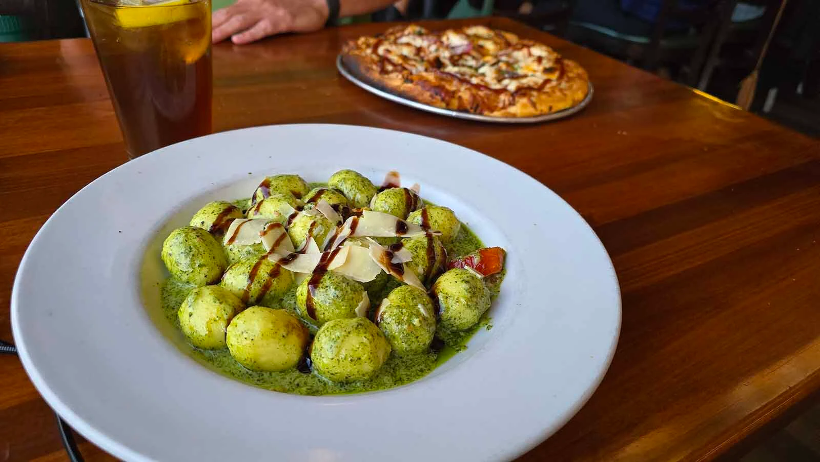 Pesto sauced gnocchi and pizza from Dornan's Pizza.