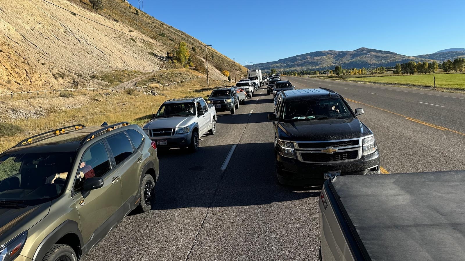 Backed up traffic in Jackson, Wyoming, on Broadway Avenue from High School Road to the Y intersection at 5:30 p.m. on Sept. 24, 2024. Locals are complaining of the long backups and waits.