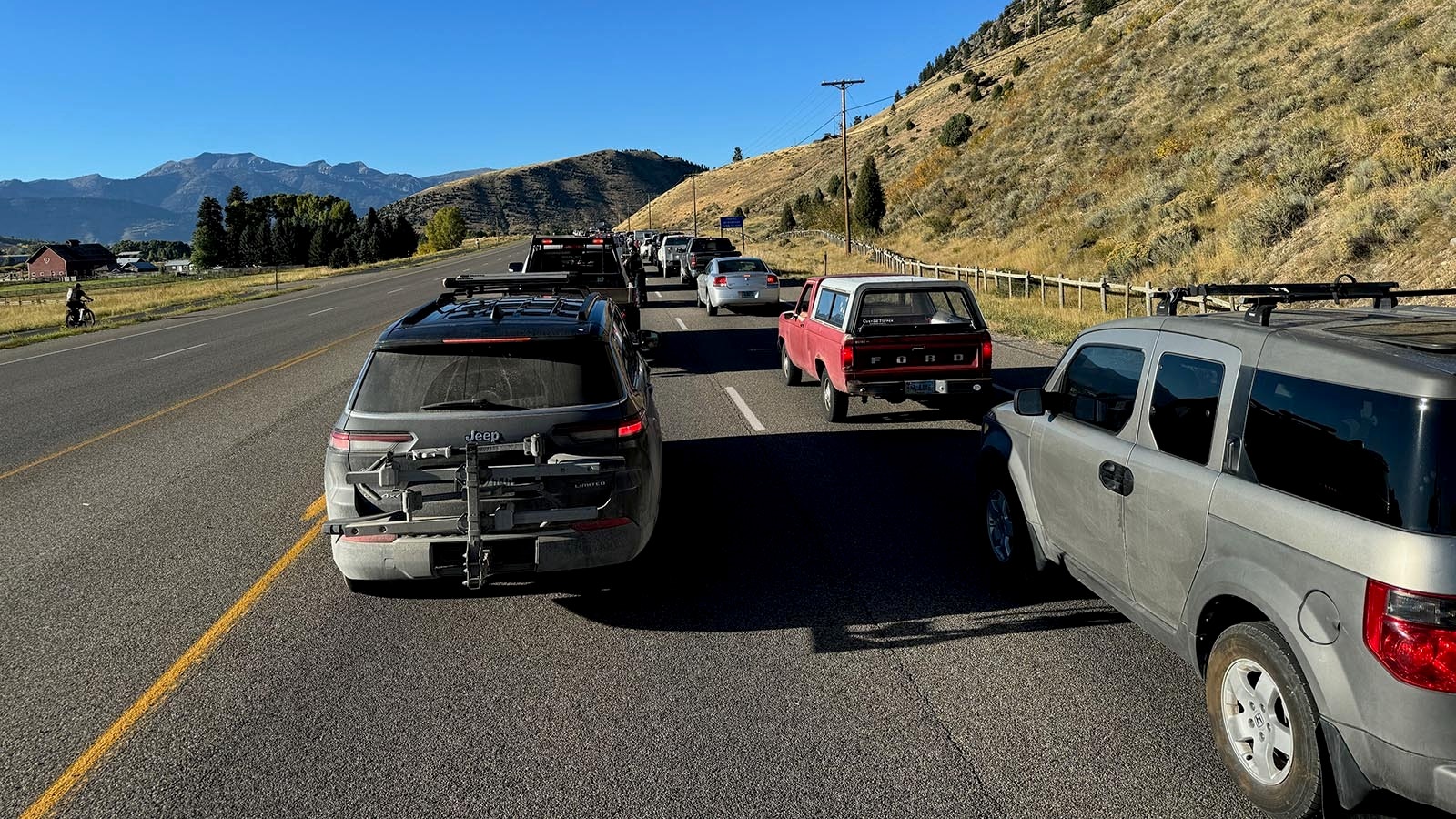 Backed up traffic in Jackson, Wyoming, on Broadway Avenue from High School Road to the Y intersection at 5:30 p.m. on Sept. 24, 2024. Locals are complaining of the long backups and waits.