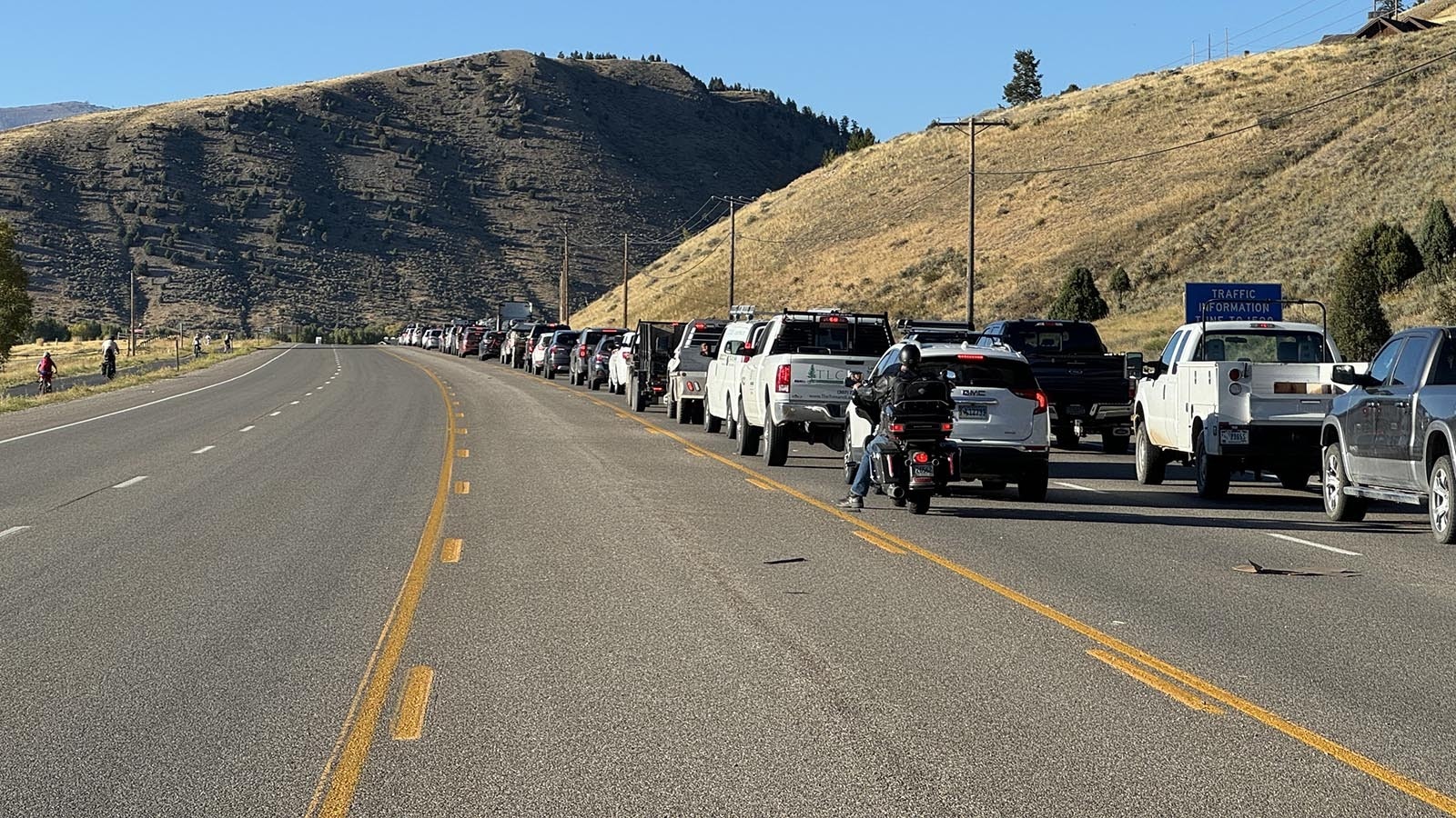 Backed up traffic in Jackson, Wyoming, on Broadway Avenue from High School Road to the Y intersection at 5:30 p.m. on Sept. 24, 2024. Locals are complaining of the long backups and waits.