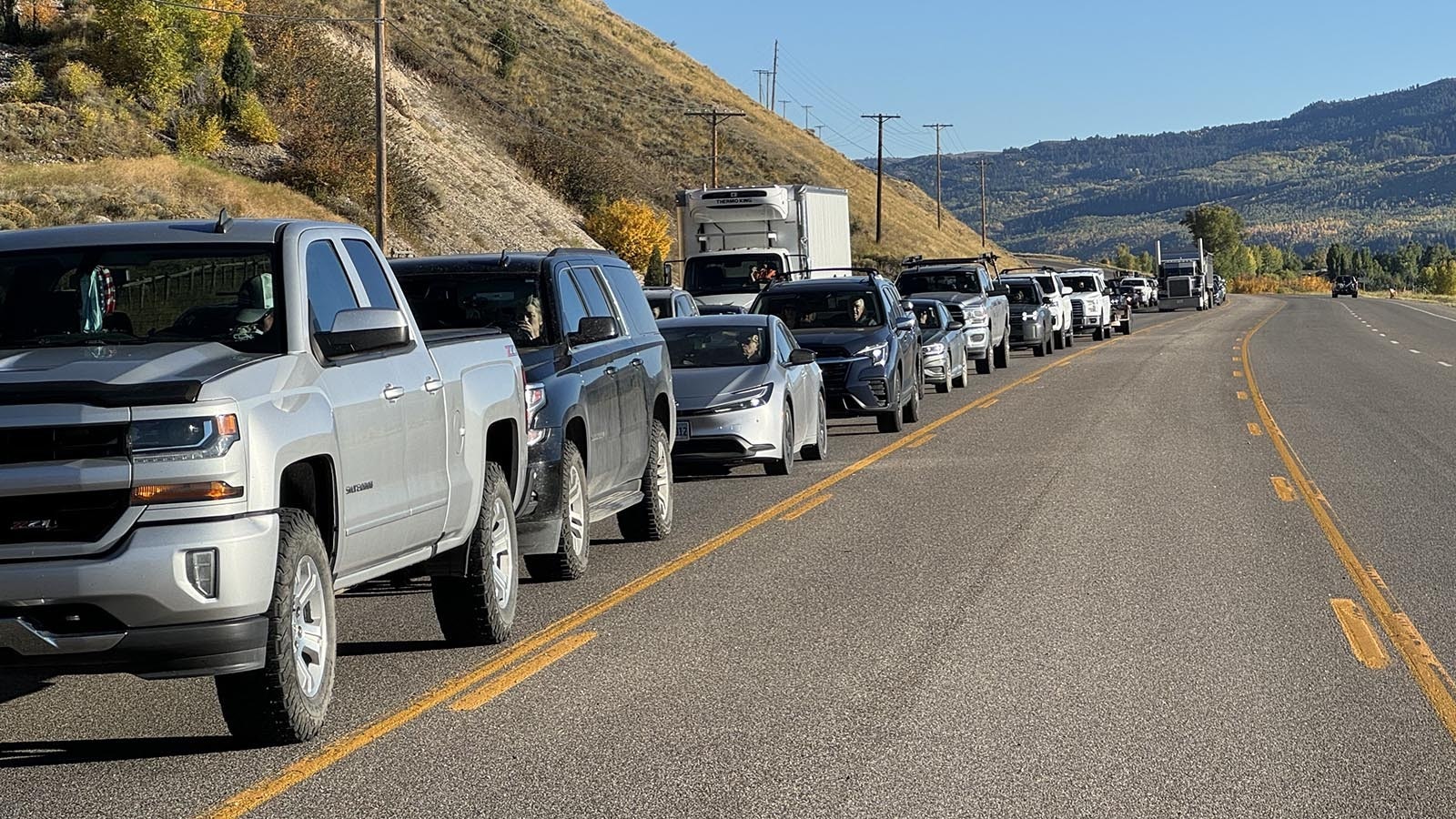 Backed up traffic in Jackson, Wyoming, on Broadway Avenue from High School Road to the Y intersection at 5:30 p.m. on Sept. 24, 2024. Locals are complaining of the long backups and waits.